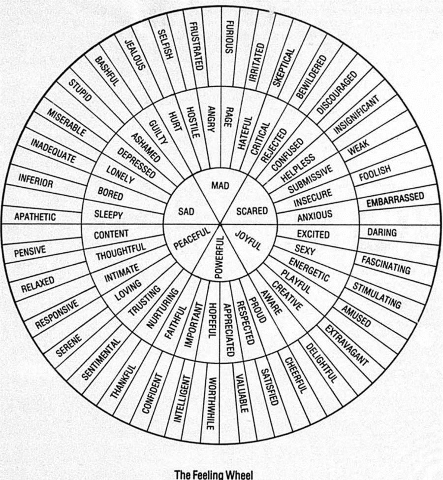 The Feeling Wheel
A Tool for Expanding Awareness ofEmotions
and Increasing Spontaneity and Intimacy
Gloria Willcox
Abstract
The Feeling Wheel is designed to aid
people in learning to recognize and com­
municate about their feelings. It consists of
an inner circle with 5 sectors and two outer
concentric circles. The sectors are each
labeled with the name of a primary feeling,
viz., mad, sad, scared, joyful, powerful,
and peaceful. The outer rings contain names
of secondary feelings related to the primary
ones. The wheel has proven useful in assis­
ting clients to learn how to identify, to ex­
press, to generate, and to change feelings.
Suggestions for employment of the Feeling
Wheel are provided.